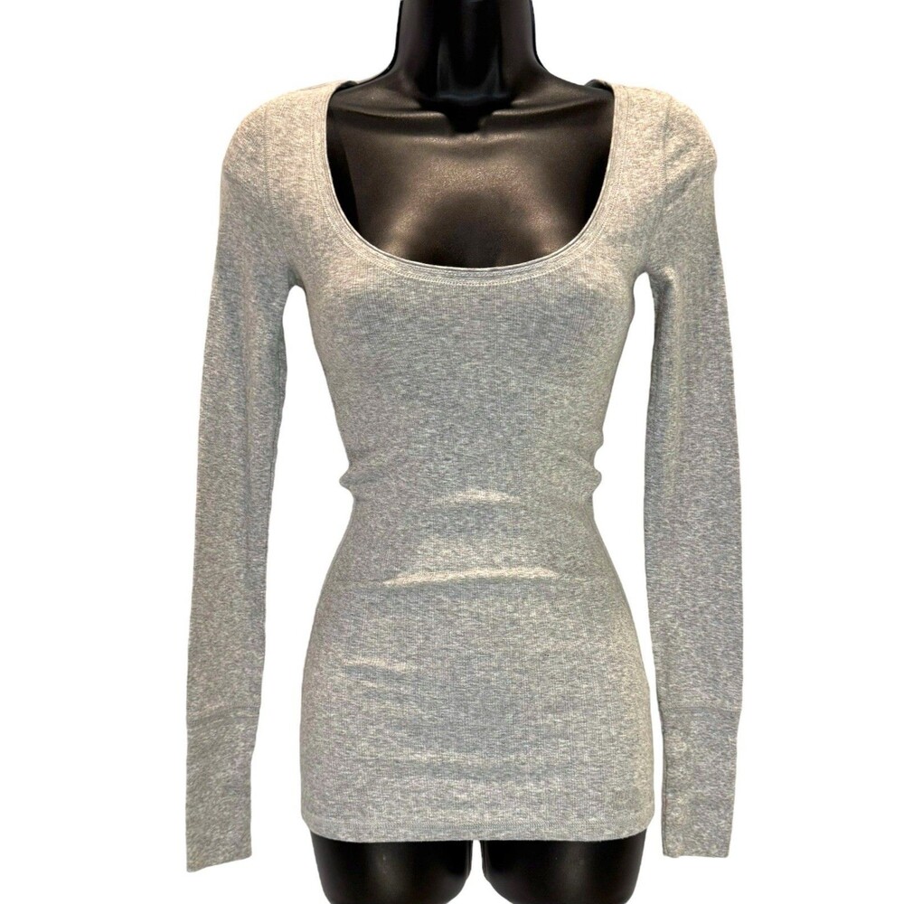 Vintage Y2K Ruehl No. 925 Ladies Ribbed Shirt Gray Scoop Neck Size M Long Sleeve